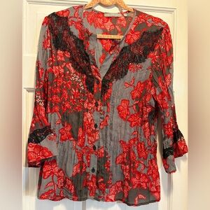 NY Collection Red and Black Floral Lace Blouse